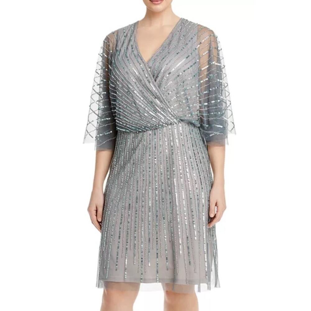 Adrianna Papell Silver Gray Sleeveless Sequined Flutter Cape Formal Dress Sz 4